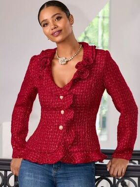 Boston Proper NEW! Rosette Ruffle Tweed Jacket Red/Gold Size 12